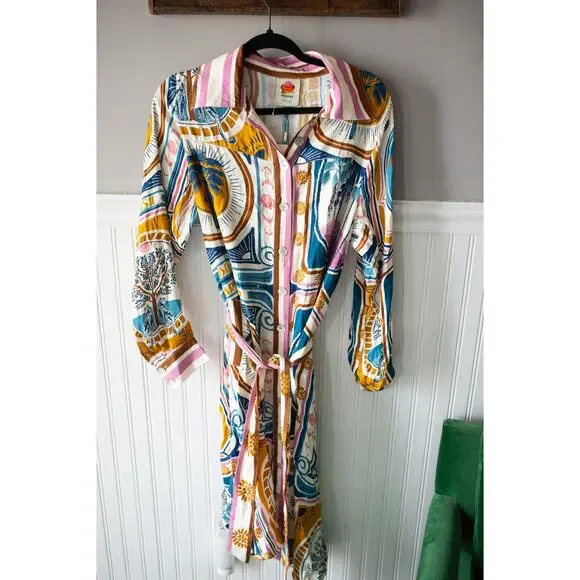 Anthropologie Farm Rio Cerrado Stamps Long-Sleeve Midi Shirt Dress Small NWT